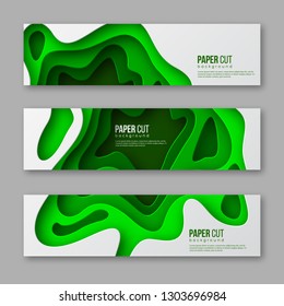 3d paper cut style horizontal stickers or banners. Shapes with shadow in green colors. Layered effect, carving art. Design for ecology or spring time background. Vector