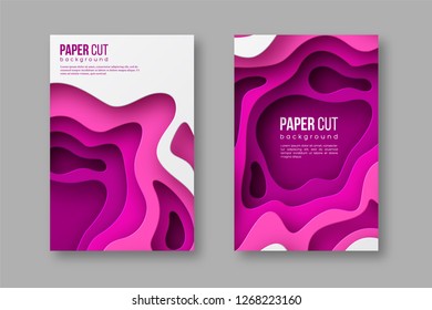 3d paper cut style posters. Shapes with shadow in different purple tones. Papercraft layered art. Design for decoration, business presentation, posters, flyers, prints, Vector illustration.