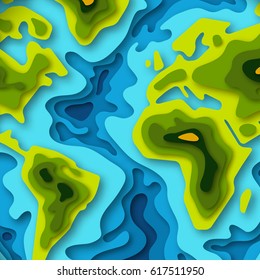 3d paper cut world map design. Vector illustration. Earth day concept. Carved continents and oceans.