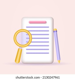 3d Paper document icon with magnify and pen. List, business note concept with magnifying glass. Vector illustration.
