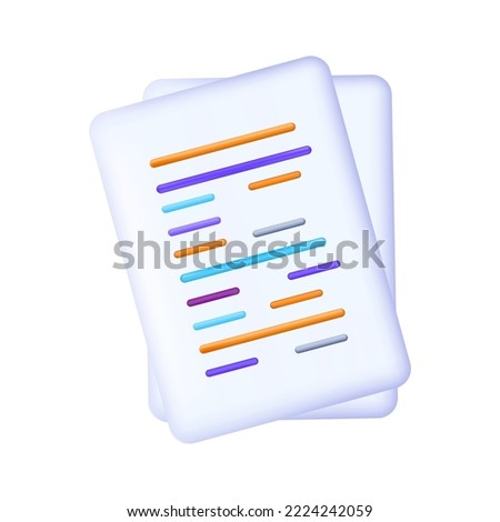 3d paper document. White office sheet with data, completed task, survey results. Paper form, checklist, information or exam, test, quiz. List or annual report. Note on the page. Vector illustration.