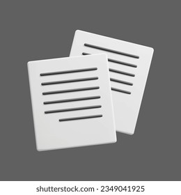 3D paper documents vector icon isolated on dark. Cute 3d business documents, agreements, white sheet pages with line words. Paper letters, legal documents, contract, newsletter, newspaper 3d render.