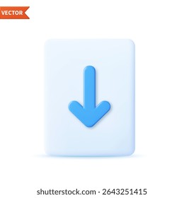 3D paper with download icon isolated on white background. Download file document concept. 3d rendering. Vector illustration