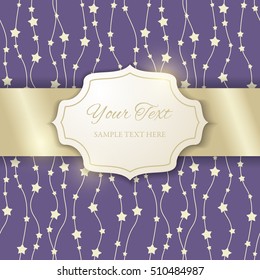 3d paper figure frame with golden ribbon on seamless ornamental blue background with stars. Paper cut design. Invitation or greeting card design template. Vector illustration