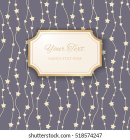 3d paper figure frame with golden borders on seamless ornamental blue background with stars. Paper cut design. Invitation or greeting card design template. Vector illustration