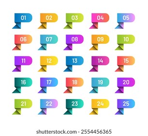 3d paper flag or ribbons templates. Number bullet points set from 1 to 25