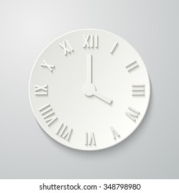 3D paper flat clock icon with shadow. Dial with Roman numerals. Vector illustration for your design