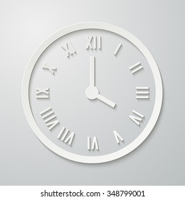 3D paper flat clock icon with shadow. Dial with Roman numerals. Vector illustration for your design