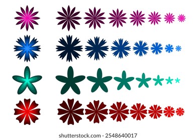 3D paper flowers vector silhouettes set. Templates. For paper and laser cutting. Isolated floral decorative elements. For postcards, crafts made of felt, cardboard.