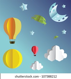 3d paper flying objects - balloons, UFO, clouds, sun, moon and stars