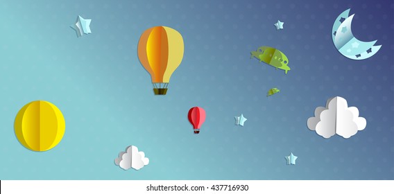 3d paper flying objects - balloons, UFO, clouds, sun, moon and stars