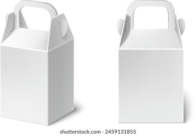3d paper gift box mockup. White lunch package with handle. Isolated realistic carton small bag for advertising and business presentation. Retail product container or take away meal brand wrap.