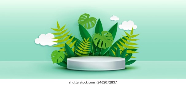 3d paper green leaf product podium background. Summer leaves and plant with showcase platform in minimal garden scene. Eco cosmetic pedestal for sale promotion. Fresh modern environmental ad backdrop