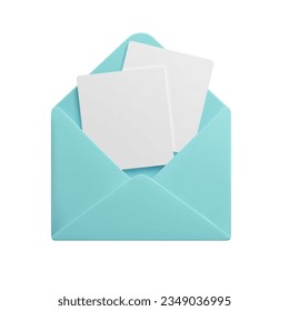 3d paper mail envelope with blank sheet pages isolated on white. Cute 3d open email with empty letter papers inside. Inbox post, mailbox symbol, newsletter, web communication concept.