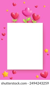 A 3D paper mockup with hearts and flowers on a pink background. This vector illustration is perfect for romantic posters, banners, or greeting cards. Modern and customizable with text. Not AI.