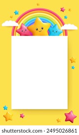 Una maqueta de papel 3D con un arco iris, fondo amarillo, estrellas y nubes de dibujos animados. Plantilla de diseño para carteles o documentos, con espacio en blanco para personalización. Ideal para negocios, niños. No la IA.