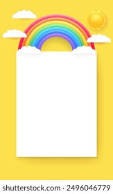 Una maqueta de papel 3D con un arco iris, fondo amarillo, sol y nubes de dibujos animados. Plantilla de diseño para carteles o documentos, con espacio en blanco para la personalización. Ideal para negocios, niños. No la IA.