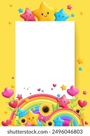 Una maqueta de papel 3D con un arco iris, fondo amarillo, estrellas y flores de dibujos animados. Plantilla de diseño para carteles o documentos, con espacio en blanco para la personalización. Ideal para negocios, niños. No la IA.