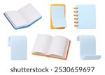 3d Paper for notes 3d icons. Open empty notebooks, sketchbooks notepad, papers sheets. Isolated realistic office or study accessories, vector set