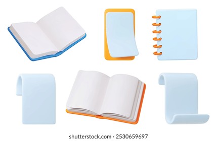 3d Paper for notes 3d icons. Open empty notebooks, sketchbooks notepad, papers sheets. Isolated realistic office or study accessories, vector set