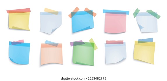 3D paper notes sticky sheets. Paper glue sticker notepad reminder information set isolated vector illustration