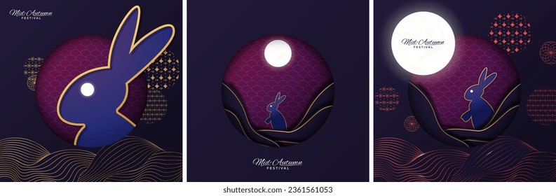 3D Paper Origami Mid-Autumn Festival Greeting Cards. Blue and gold color motif. Paper cut out of a rabbit looking up into a full moon with oriental elements and designs. Vector Illustration. 