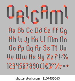 3d paper origami vector alphabet, sans serif letters. Grey and orange colors