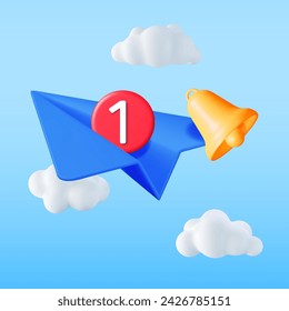 3D Paper Plane with Bell and Notification Message in Clouds. Message Notification Bubble and Airplane. New or Unread Email. Message, Contact, Letter and Document. Vector Illustration