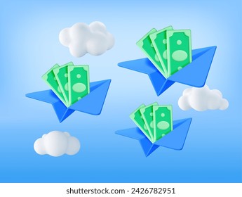 3D Paper Plane with Dollar Banknotes Inside. Render Paper Airplane with Cash Money. Concept of Money Transfers, Transactions, Online Banking and Payments. Vector Illustration