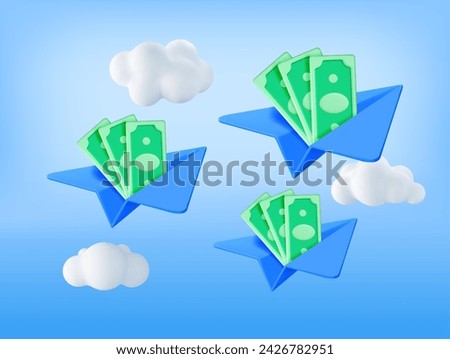 3D Paper Plane with Dollar Banknotes Inside. Render Paper Airplane with Cash Money. Concept of Money Transfers, Transactions, Online Banking and Payments. Vector Illustration