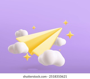 3d paper plane flying, clouds around, isolated on background. Design concept for content marketing, notification, subscribe, newsletter. 3d vector illustration.