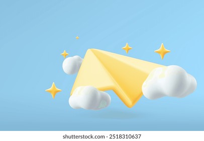 3d paper plane flying, clouds around, isolated on background. Design concept for content marketing, notification, subscribe, newsletter. 3d vector illustration.