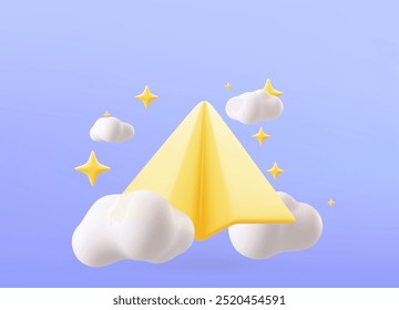 3d paper plane flying, clouds around, isolated on background. Design concept for content marketing, notification, subscribe, newsletter. 3d vector illustration.