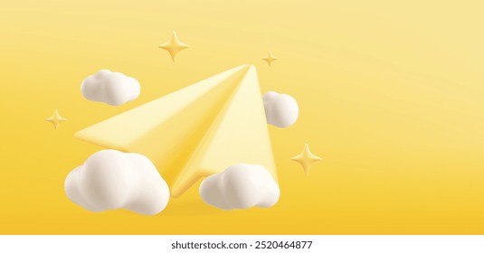 3d paper plane flying, clouds around, isolated on background. Design concept for content marketing, notification, subscribe, newsletter. 3d vector illustration.