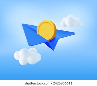 3D Paper Plane with Gold Coin Inside. Render Paper Airplane with Golden Money. Concept of Money Transfers, Transactions, Online Banking and Payments. Vector Illustration