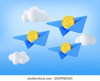 3D Paper Plane with Gold Coin Inside. Render Paper Airplane with Golden Money. Concept of Money Transfers, Transactions, Online Banking and Payments. Vector Illustration