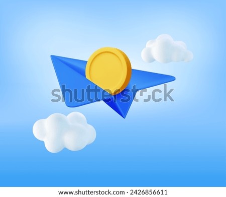 3D Paper Plane with Gold Coin Inside. Render Paper Airplane with Golden Money. Concept of Money Transfers, Transactions, Online Banking and Payments. Vector Illustration