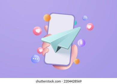 3d paper plane icon to send email plane on mobile phone in business hand. 3d email sent letter to social media marketing. Phone subscribe to newsletter. 3d plane flight icon vector render illustration