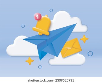 3d paper plane mail. Communication and interaction, business correspondence and social media marketing campaign. Notification and alerts. Vector collection isolated on white background