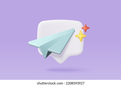 3d paper plane mail icon for send new message. Minimal email sent letter to social media online marketing. Subscribe to newsletter. 3d plane flight icon vector rendering illustration