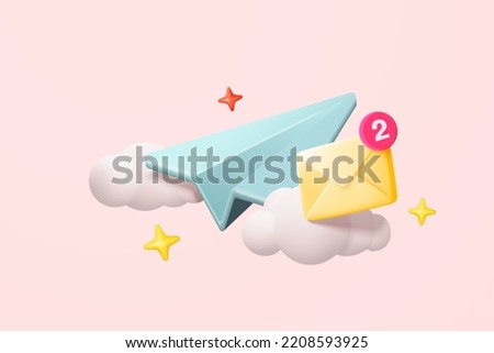 3d paper plane mail icon on cloud for sendto contact. Minimal 3d email paper sent letter to social media online marketing. Subscribe to newsletter. 3d paper plane icon vector rendering illustration