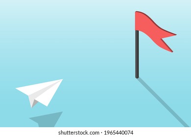 3d paper planes fly to red flag. Origami aircraft. Geometric shape symbol. Concept of business, leadership, success, education, teamwork mission , think different, standout vision, courage management