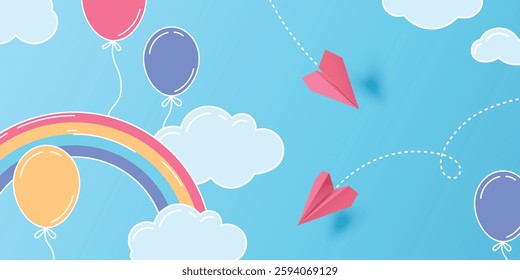 3d paper planes fly through drawn clouds, rainbow and balloons on blue sky background. Vector illustration of origami airplanes in childish drawing. Minimalistic design for travel or kid celebration.