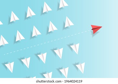 3d paper planes in the sky. Origami aircraft. Geometric shape symbol. Concept of business, leadership, success, education, teamwork mission , think different, standout vision, courage management