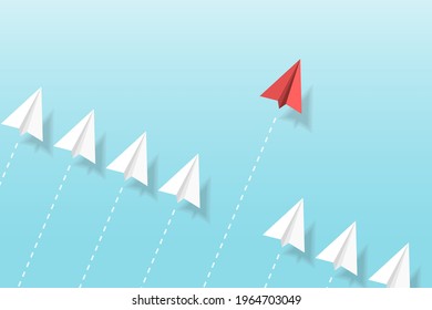 3d paper planes in the sky. Origami aircraft. Geometric shape symbol. Concept of business, leadership, success, education, teamwork mission , think different, standout vision, courage management