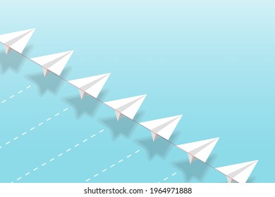 3d paper planes in the sky. Origami aircraft. Geometric shape symbol. Concept of business, leadership, success, education, teamwork mission , think different, standout vision, courage management
