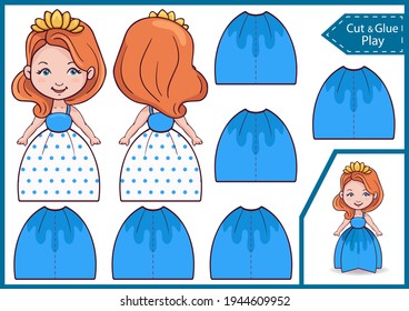 3d a paper princess doll. Kids craft activity page. Decor for birthday girl. DIY papercraft project. Worksheet for Education children game. Vector illustration.