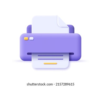 3d paper printer icon. Render paper printer prints the text of document. Concept of printing data file on paper, business, office and home work. 3d vector cartoon minimal illustration