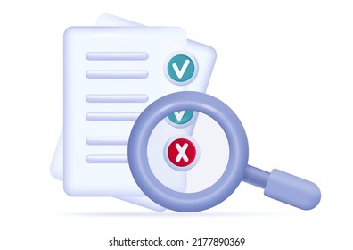 3d paper questionnaire. Survey form document, page, check list. Positive or wrong test, exam, quiz. Question and answer selected and check mark. The result of a survey form, report, scheduler. Vector