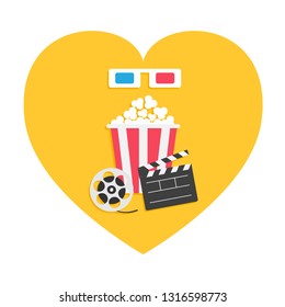 3D paper red blue glasses. Open clapper board Movie reel Popcorn Heart shape. I love cinema icon set. Flat design style. Yellow background. Isolated. Vector illustration